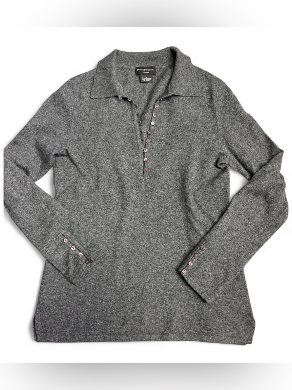 Sutton Studio 100% Cashmere Gray Polo Sweater Size Small Flawed